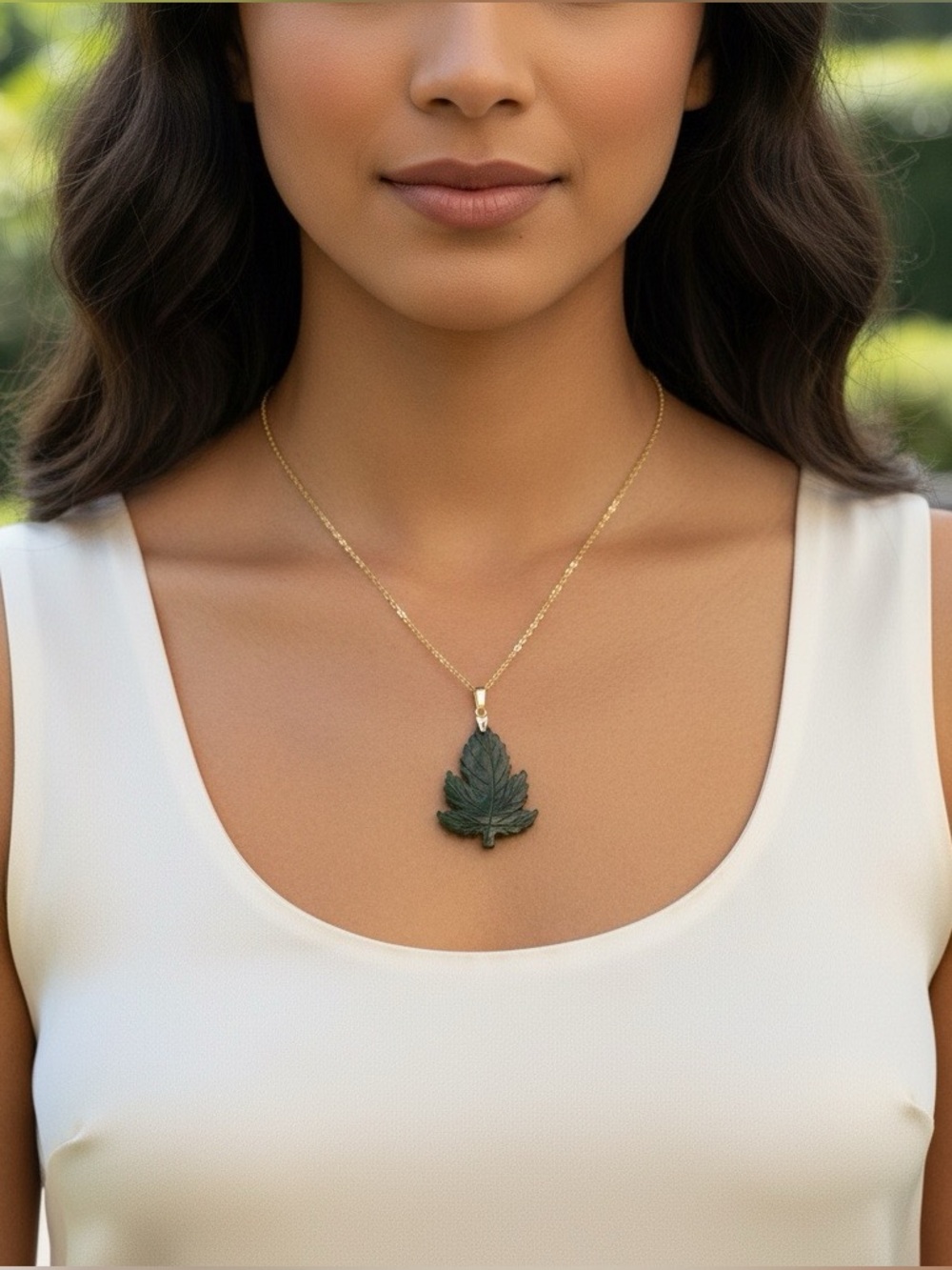 Carved Jade Leaf Pendant Necklace